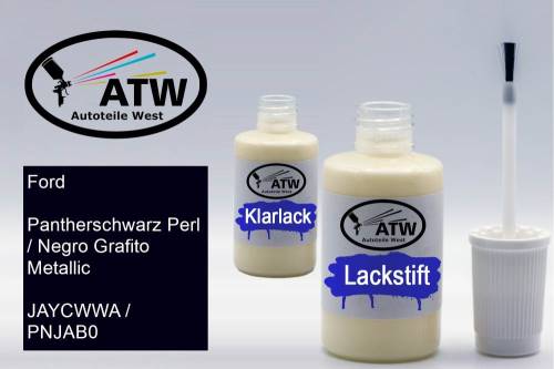 Ford, Pantherschwarz Perl / Negro Grafito Metallic, JAYCWWA / PNJAB0: 20ml Lackstift + 20ml Klarlack - Set, von ATW Autoteile West.
